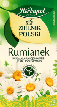Herbapol Rumianek Zielnik Polski wspierający trawienie, zielono-beżowe pudełko z kwiatami rumianku, widok z przodu.