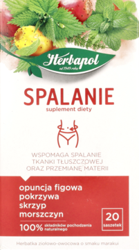 Pudełko Herbapol Spalanie suplement diety. Herbata ziołowa z opuncją i pokrzywą, wspiera metabolizm.
