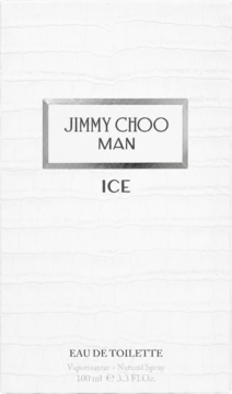 Białe pudełko Jimmy Choo Man Ice EDT 100ml. Srebrny napis, widok z przodu, delikatna tekstura skóry aligatora.
