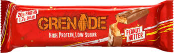 Czerwony baton proteinowy Grenade Peanut Butter, z napisem 'High Protein, Low Sugar' i widokiem ugryzionego batona.