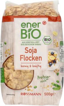 Pionowa, biała torba enerBiO Soja Flocken 500g, płatków sojowych BIO, z zielonym logo i napisem Protein-reich.