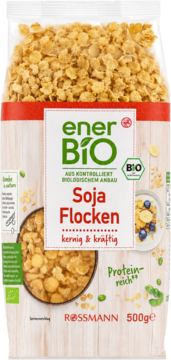 EnerBiO Soja Flocken 500g, biała torba z czerwonym pasem, widok z przodu, widoczne żółte płatki, wegańskie, bio.