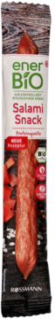EnerBiO Salami Snack, wędzona mini salami bez laktozy i glutenu w biało-czarnym opakowaniu, widok z przodu.