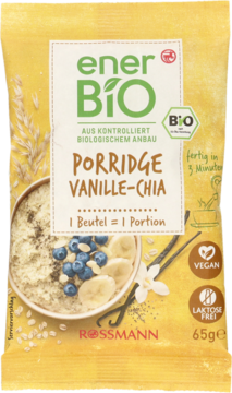 Żółta saszetka enerBiO Porridge Wanilia-Chia, z miską owsianki na etykiecie, wegański, bez laktozy.