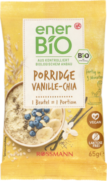 Żółta saszetka enerBiO Porridge Wanilia-Chia, z miską owsianki na etykiecie, wegański, bez laktozy.