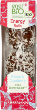 enerBio Kuleczki Energy Balls Kokos & Cranberry, z daktylami i kokosem, w opakowaniu, widok z przodu.