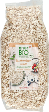 Przezroczysta torba enerBiO Buchweizen gepufft Rossmann, 150g, z etykietą przedstawiającą grykę i owoce.