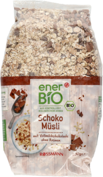 EnerBiO Schoko Müsli z mleczną czekoladą bez rodzynek, przezroczysta torebka, widok z przodu.