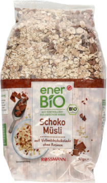 EnerBiO Schoko Müsli z mleczną czekoladą bez rodzynek, przezroczysta torebka, widok z przodu.