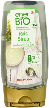 Ener BIO syrop ryżowy w przezroczystej butelce z etykietą 'Reis Sirup', ze złotą podstawą i nakrętką, 100% z recyklingu.