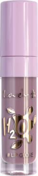 H2O Lipgloss Lovely w przezroczystej butelce z lawendową nakrętką, złote logo H2O, odcień brudnego różu, widok z przodu.