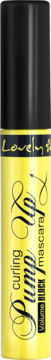 Żółta maskara Lovely Pump Up Curling Volume Black, cylindryczna tuba z czarnym topem, widok z przodu.