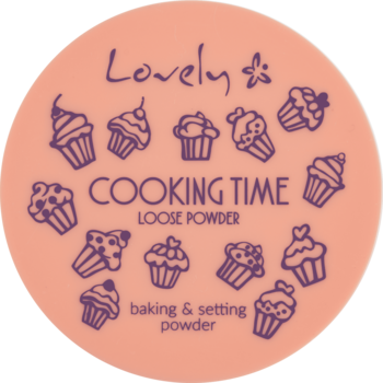 Brzoskwiniowe wieczko pudru do bakingu Lovely Cooking Time, okrągłe, z fioletowymi babeczkami.