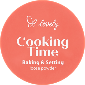 Lovely Cooking Time Baking & Setting loose powder, okrągłe koralowe opakowanie z białym napisem.