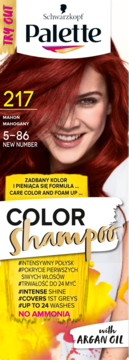 Szampon koloryzujący Schwarzkopf Palette 217 Mahoń, opakowanie z modelką, bez amoniaku, do 24 myć.