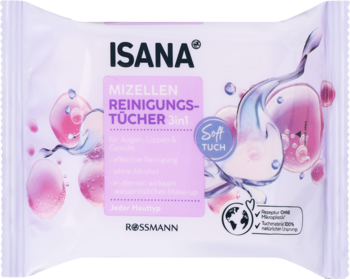 ISANA Chusteczki micelarne 3w1. Biała paczka z różowo-fioletowymi plamami, usuwają makijaż, pielęgnują.
