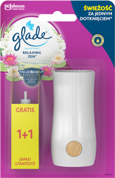 Glade Touch & Fresh Relaxing Zen, zestaw odświeżacza powietrza w różowym opakowaniu, z białym urządzeniem i wkładem 1+1.