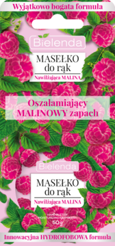 Promocyjna grafika masełka do rąk Bielenda Nawilżająca Malina 50g, z owocami malin na różowym tle.