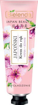 Bielenda Japan Beauty japoński krem do rąk wiśnia jedwab, różowa tubka z kwiatami wiśni, widok z przodu.