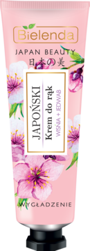 Bielenda Japan Beauty japoński krem do rąk wiśnia jedwab, różowa tubka z kwiatami wiśni, widok z przodu.