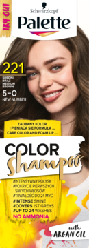 Opakowanie Schwarzkopf Palette Color Shampoo 221 Średni Brąz, z modelką i hasłem NO AMMONIA.