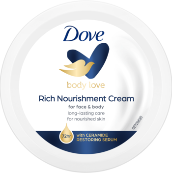 Biały słoiczek Dove Rich Nourishment Cream, intensywnie nawilżający krem z ceramidami, widok z góry.