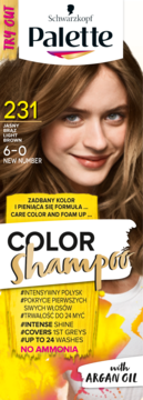 Szampon koloryzujący Schwarzkopf Palette 231 Jasny Brąz z olejkiem arganowym, bez amoniaku. Opakowanie z wizerunkiem kobiety.