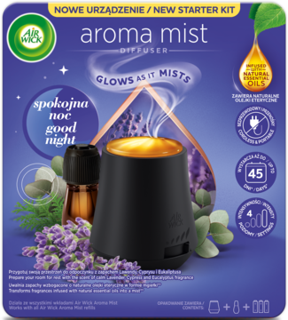Nowy Air Wick Aroma Mist dyfuzor zestaw Good Night, czarne urządzenie na fioletowym opakowaniu.