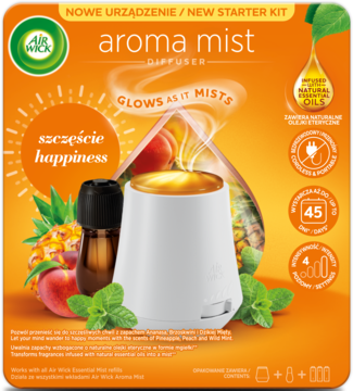 Air Wick Aroma Mist Dyfuzor Starter Kit, biały, na pomarańczowym tle, zapewnia 45 dni zapachu i świeci.