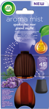 Air Wick Aroma Mist Good Night na niebieskim opakowaniu, z brązowym dyfuzorem i lawendą, 45 dni.
