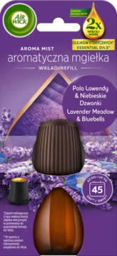 Fioletowe opakowanie Air Wick Aroma Mist Wkład: Pola Lawendy & Niebieskie Dzwonki, 2x olejki eteryczne, do 45 dni. Widok z przodu.