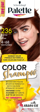 Schwarzkopf Palette Color Shampoo 236 Kasztan, front opakowania z modelką i hasłem NO AMMONIA.