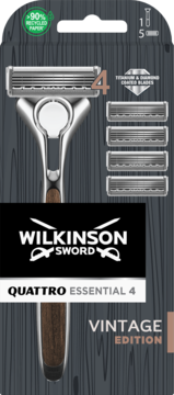 Wilkinson Sword Quattro Essential 4 Vintage Edition razor, wooden handle, 4 blades, and 5 refills, front view.