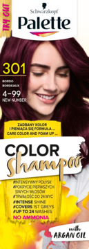 Opakowanie Schwarzkopf Palette Color Shampoo 301 Bordo, do 24 myć, bez amoniaku, z arganem, modelka.