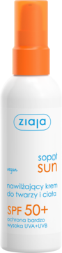 Ziaja Sopot Sun nawilżający krem SPF 50+ do twarzy i ciała, biała butelka z pomarańczowym atomizerem.