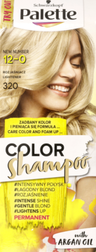 Schwarzkopf Palette Color Shampoo 12-0, blond rozjaśniacz z arganem, bez amoniaku, widok z przodu opakowania.