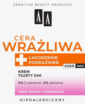 Białe opakowanie kremu AA Cera Wrażliwa 24H z D-pantenolem i alantoiną, do cery suchej, widok z przodu.