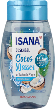 ISANA Duschgel Cocos-Wasser w przezroczystej butelce z błękitną nakrętką, z przodu. Etykieta z kokosami i liśćmi, dla skóry wrażliwej.
