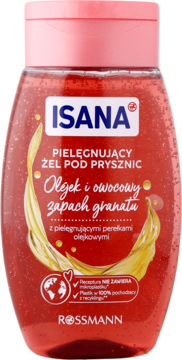 Isana żel pod prysznic Olejek i Granat, pielęgnujący, w różowej butelce z perełkami olejkowymi. Widok z przodu.
