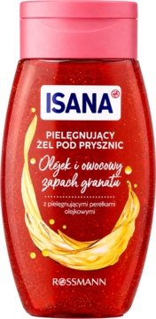 Isana pielęgnujący żel pod prysznic, czerwony z brokatem, z olejkiem, zapachem granatu i perełkami. Widok z przodu.