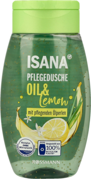 Isana Pflegedusche Oil & Lemon, zielona butelka, z przodu, z cytryną, perłami oleju i logo recyklingu.
