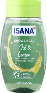 Isana Żel pod prysznic Oil & Lemon, w przezroczystej butelce z limonkową nakrętką, z widocznymi złotymi perełkami, widok z przodu.