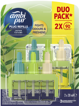 Ambi Pur Plug Refills Japan Tatami Duo Pack (2x20ml) w zielonym blistrze, przód, 2x90 dni.