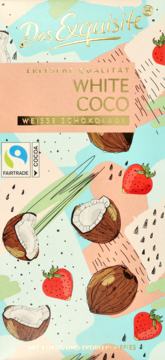 Pionowe opakowanie białej czekolady Das Exquisite White Coco z grafiką kokosa i truskawek, certyfikat Fairtrade.