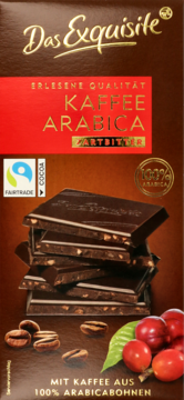 Das Exquisite Zartbitter-Schokolade mit 100% Arabica-Kaffee, auf brauner Packung, sichtbare Tafelstücke.