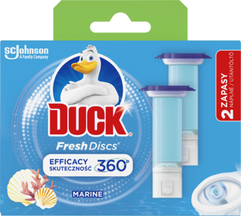 Opakowanie Duck Fresh Discs Marine, żelowe krążki do toalety o zapachu morskim, z widocznymi dwoma wkładami.