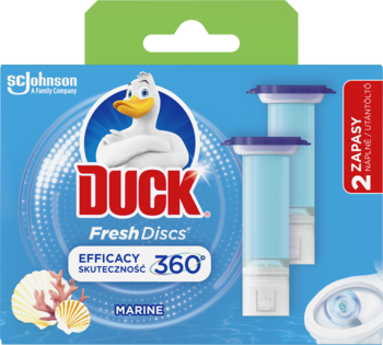 Opakowanie Duck Fresh Discs Marine, żelowe krążki do toalety o zapachu morskim, z widocznymi dwoma wkładami.
