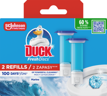 Niebieskie opakowanie Duck Fresh Discs Marine z logo kaczki, zawiera 2 żelowe wkłady, widok z przodu.