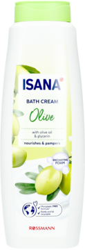 Isana Bath Cream Olive, biała butelka z zieloną nakrętką, widok z przodu. Z oliwą i gliceryną, nawilża.