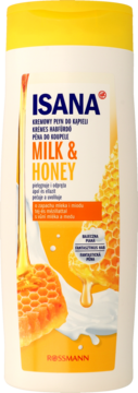 ISANA Kremowy Płyn do Kąpieli Milk & Honey w białej butelce z żółtym wieczkiem, z przodu grafika miodu i mleka.
